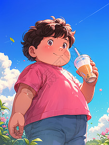 粉色t恤喝奶茶的卡通胖男孩插画