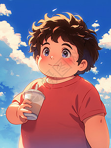 蓝t恤蓝天下喝奶茶的卡通胖男孩插画