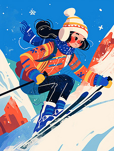卡通冬季滑雪运动插画冬天穿着滑雪服装在滑雪的女孩插画