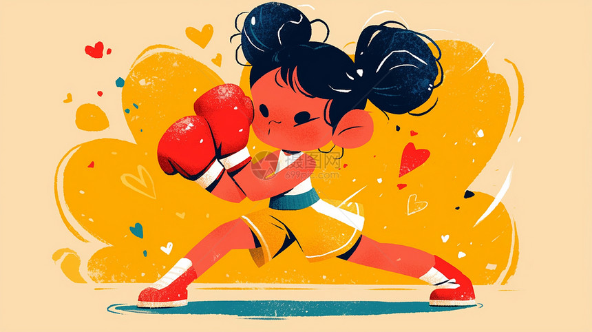 戴着拳套做自由搏击运动的卡通小女孩图片