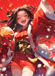 红色卡通雨伞大雪中穿着红色古风服装开心笑的古风卡通女孩插画