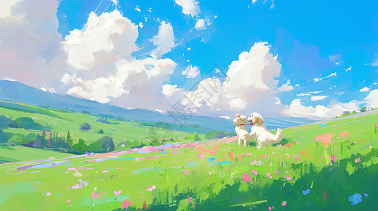 绿草地上的花春天在蓝天白云下绿油油的草地上玩耍的卡通小狗插画