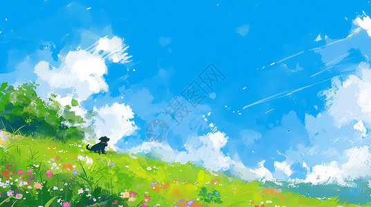 绿草地上的花春天在蓝天白云下绿油油的草地上玩耍的小狗插画