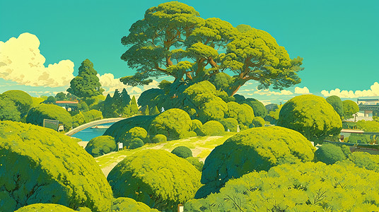绿色圆形树冠美丽的绿色调森林背景图片