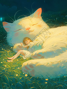 巨在这里大白猫躺在草坪上睡觉的卡通小女孩插画