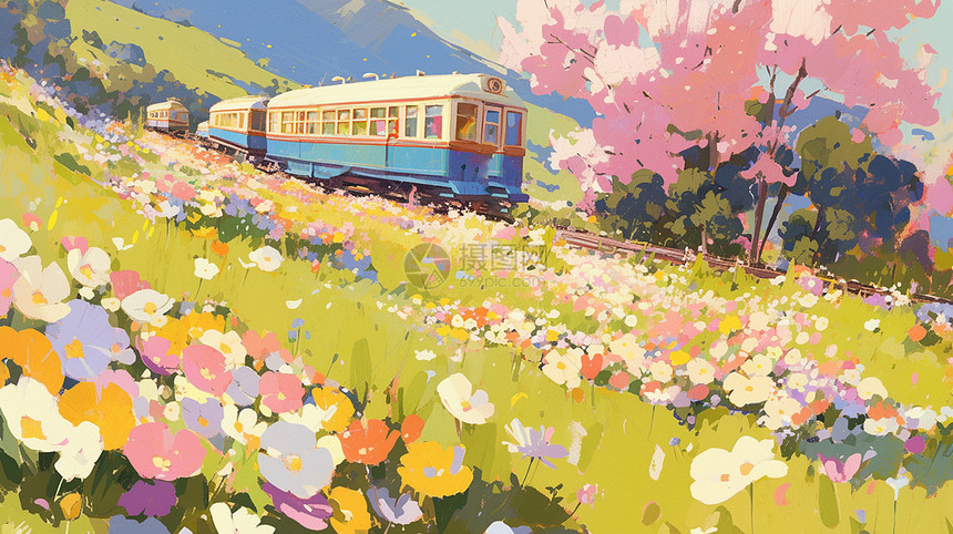 春天从盛开的花海中开过的卡通列车图片