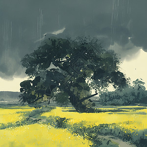 春天阴雨天雨中野外美丽的卡通风景背景图片