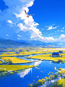 春天蓝天白云下一片绿油油的景色田间一座卡通房子背景图片