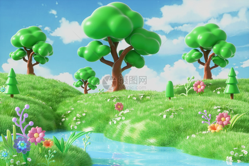 3D立体春季花草树木场景图片