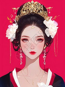 女性化妆涂粉底涂红唇头戴花朵古风漂亮的卡通女人插画