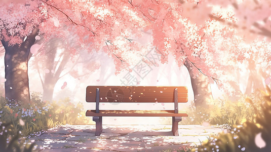 春季浪漫樱花树下长椅背景图片