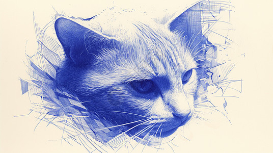 单色分割线素描风蓝色调卡通猫插画