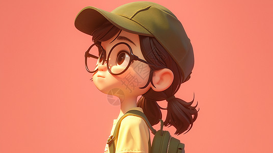 带眼镜小学生戴着眼镜和帽子抬头向上看的女孩插画