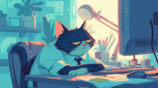 懒洋洋的卡通猫趴在办公桌上插画