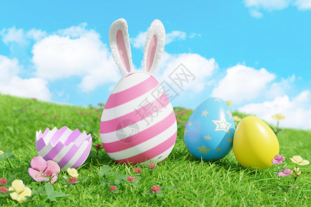 跳水兔草地上的复活蛋设计图片