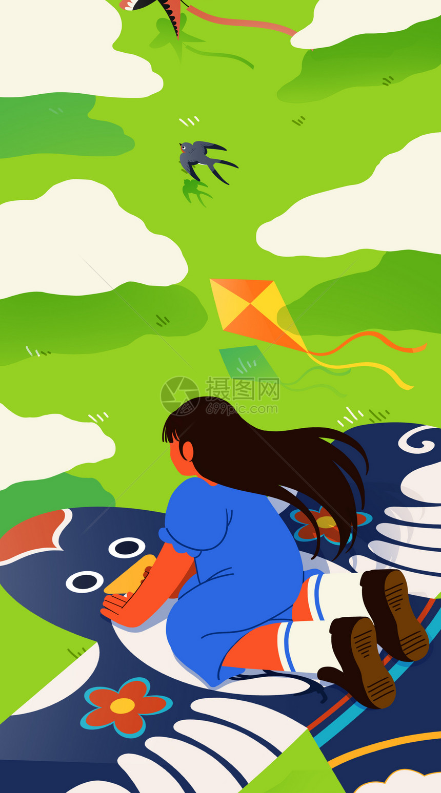 春天小女孩乘坐风筝插画之开屏启动页图片