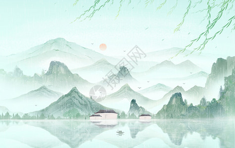 绿植墙背景中国风二十四节气水墨山水插画背景插画