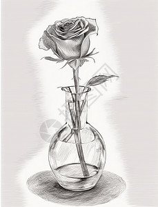 手绘素描风插在花瓶中的一枝玫瑰花背景图片
