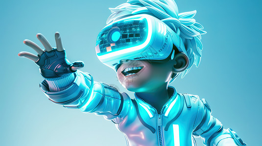 VR触摸未来潮流带着VR眼镜的男孩插画