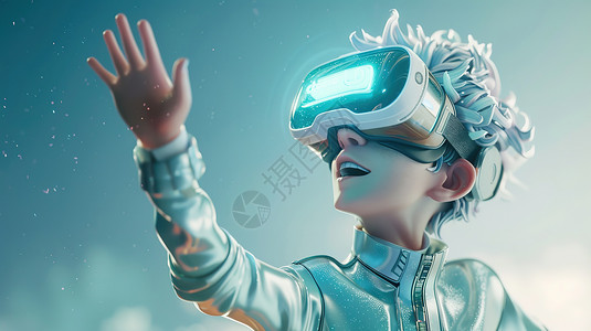 带绿帽子的男孩一个潮流带着VR眼镜的男孩插画