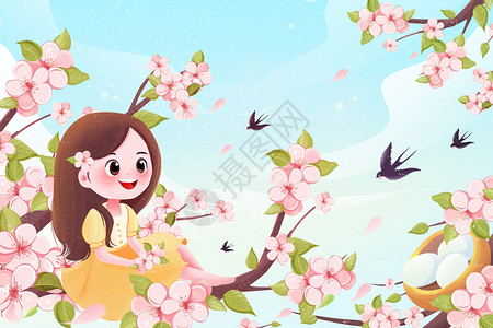 春天女孩坐在桃花树上看风景背景插画背景图片