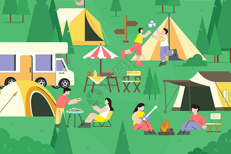 露营营地春季野外露营插画