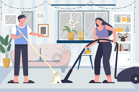 扫地神器世界卫生日情侣家中打扫卫生插画