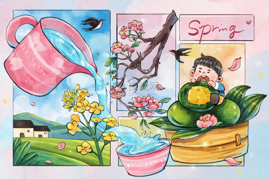 手绘水彩春天青团花朵分镜治愈系插画图片