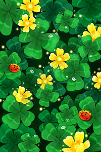 手绘治愈系绿色清新春季幸运四叶草七星瓢虫背景图片