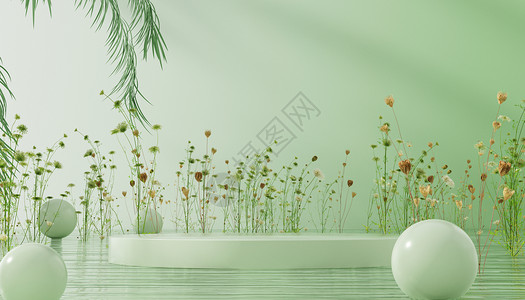 小清新春日边框C4D植物光影展台背景设计图片