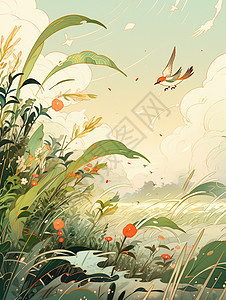 春天细雨间小鸟飞过高高的草丛唯美场景背景图片