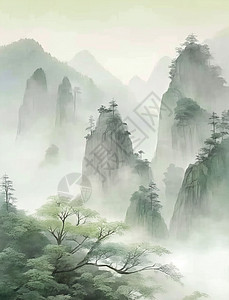 春天山水间唯美的梦幻的中国风卡通风景画背景图片