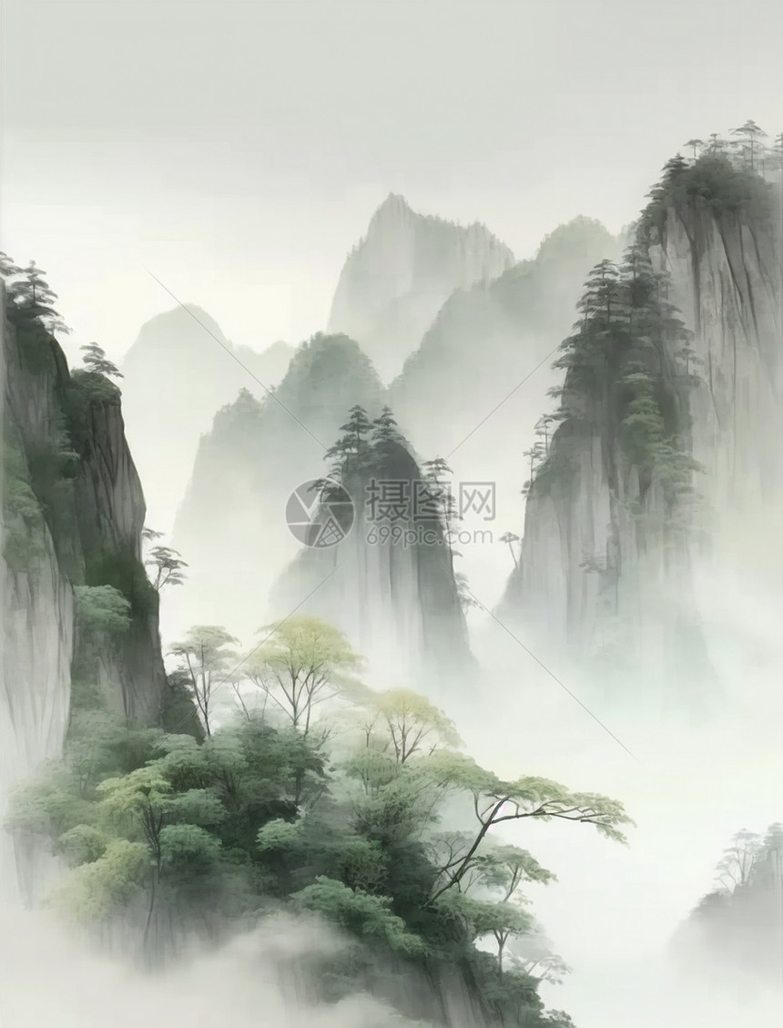春天山水间唯美的梦幻的中国风风景画图片