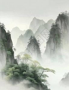 梦幻云雾水雾春天山水间唯美的梦幻的中国风风景画插画