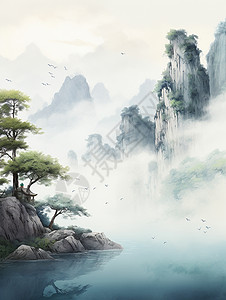 拨云见雾山间有很多绿色古树清新唯美卡通山水风景画插画
