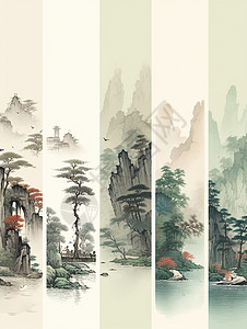 松树画几幅唯美的卡通中国水墨风山水景画插画