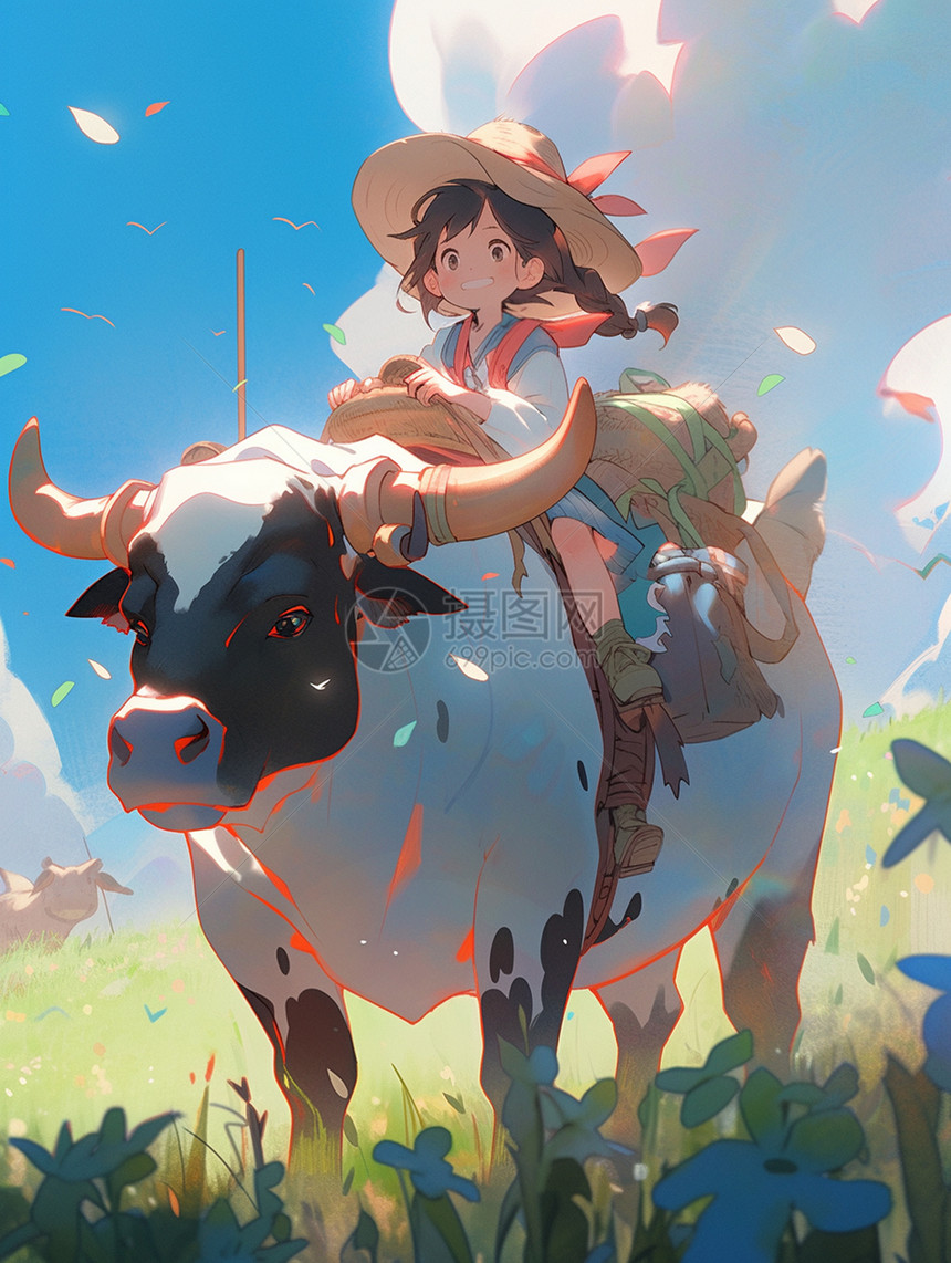 在牛背上可爱卡通小女孩图片
