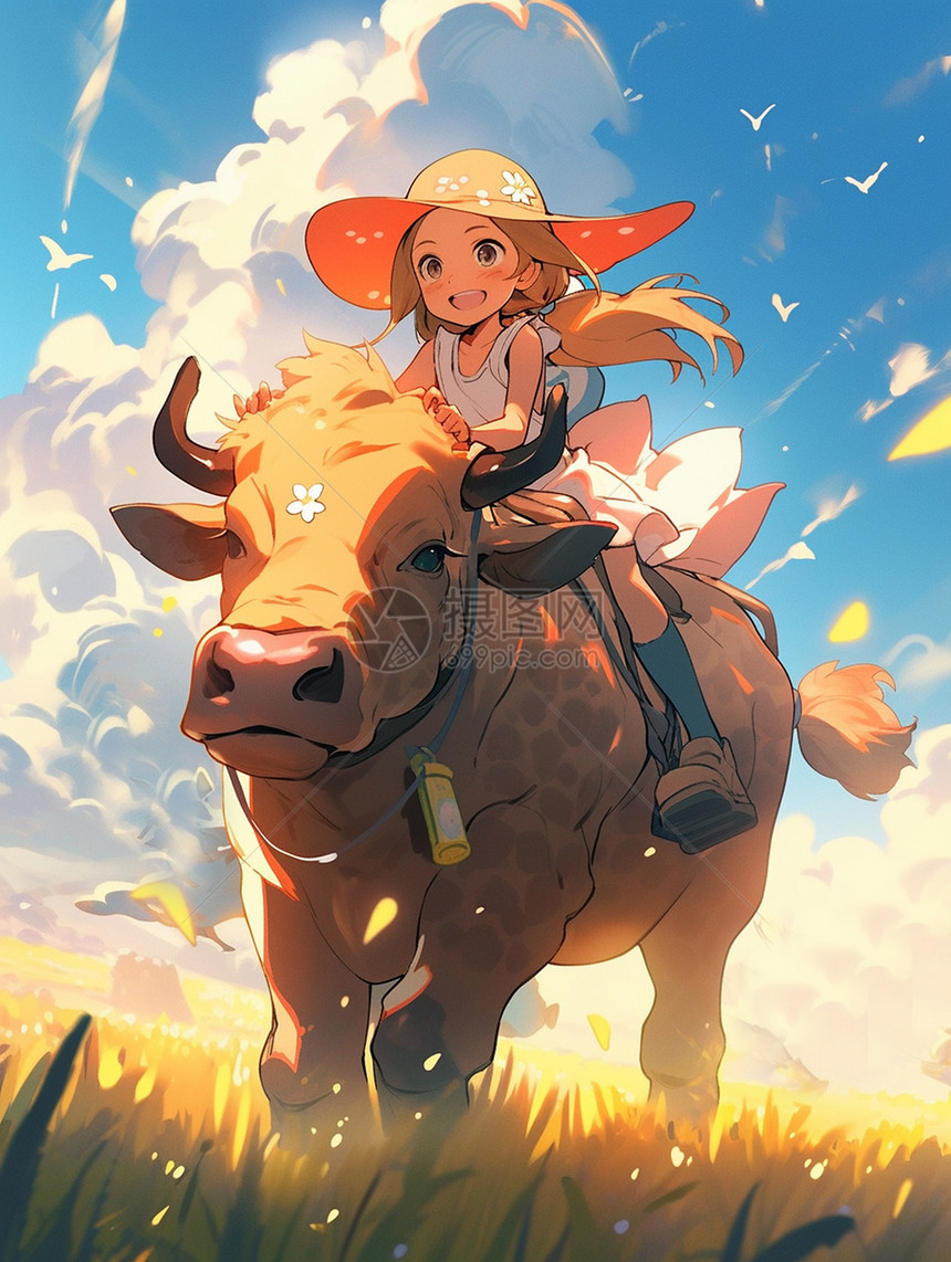 骑在牛背上玩耍的可爱小女孩图片