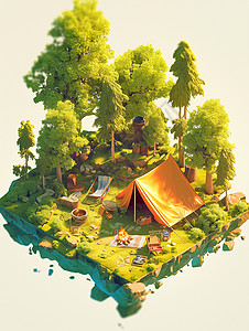 悬浮小岛春天悬浮在空中的卡通小岛的森林中露营插画