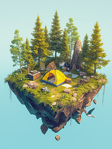 空岛春天在空中的卡通小岛的森林中露营插画