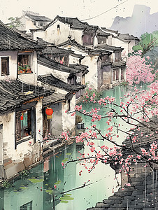 春天雨中盛开着桃花的卡通古镇高清图片