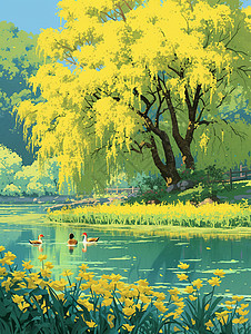 在水里的鸭子春天在柳树下的湖泊上两只可爱的小鸭子唯美春天卡通风景插画