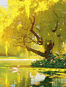 柳树下的湖泊上两只可爱的小鸭子唯美春天风景背景图片