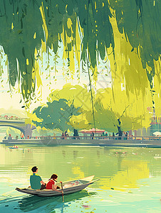 绿色柳树下的湖泊中小小的船在游玩背景图片