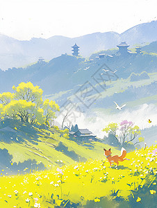 春暖花开一个小小的卡通动物在山坡上背景图片
