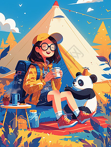 坐在帐篷前与大熊猫一起喝茶开心笑的扁平风卡通女孩插画
