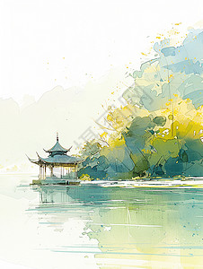 小岛上一座小小的卡通古亭子中国风插画背景图片