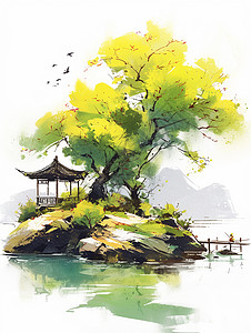 画卡通春天在湖边小岛上一座小小的卡通古亭子中国风画插画
