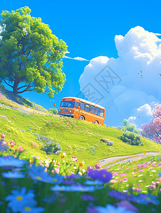 在开满鲜花的山坡上一辆卡通露营车插画
