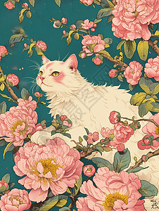 趴在盛开的牡丹花丛中一枝可爱的小白猫背景图片